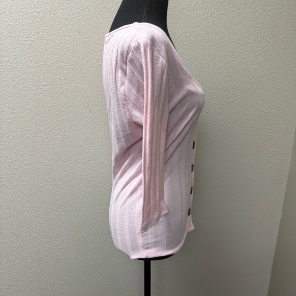Free People Pink Ribbed Button Top L Boho Fitted Stretch Casual Chic - Picture 6 of 10